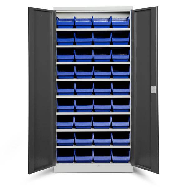 Opbevaringsskab med 36 bl&aring; kasser 1980x980x570mm, antracit d&oslash;re