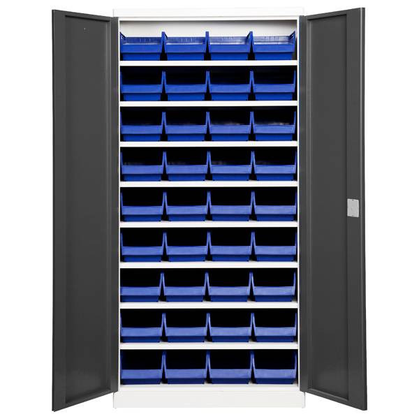 Opbevaringsskab med 36 blå kasser 1980x980x670mm, antracit døre