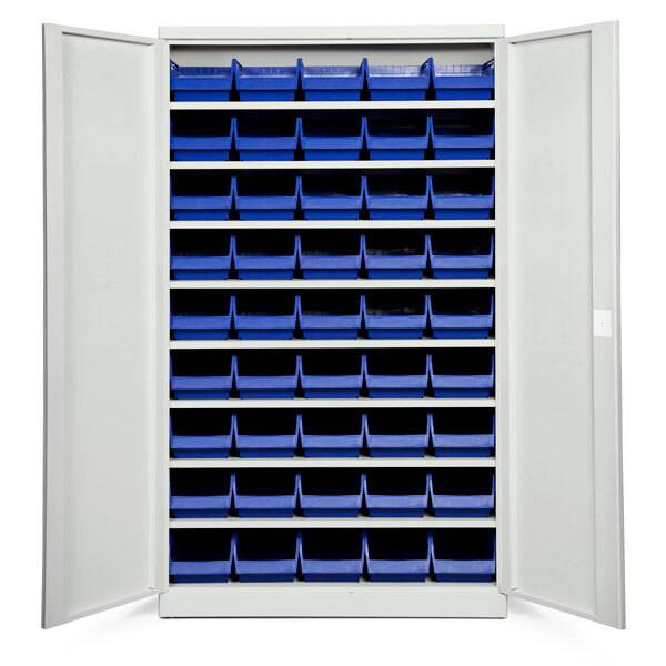 Opbevaringsskab med 45 blå kasser 1980x1200x470mm, lys grå døre
