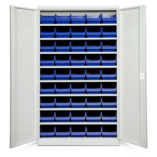 Opbevaringsskab med 45 bl&aring; kasser 1980x1200x470mm, lys gr&aring; d&oslash;re