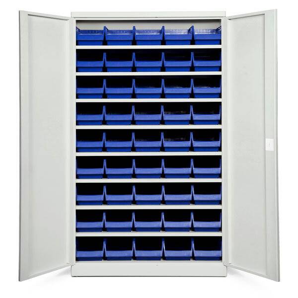 Opbevaringsskab med 45 bl&aring; kasser 1980x1200x470mm, lys gr&aring; d&oslash;re