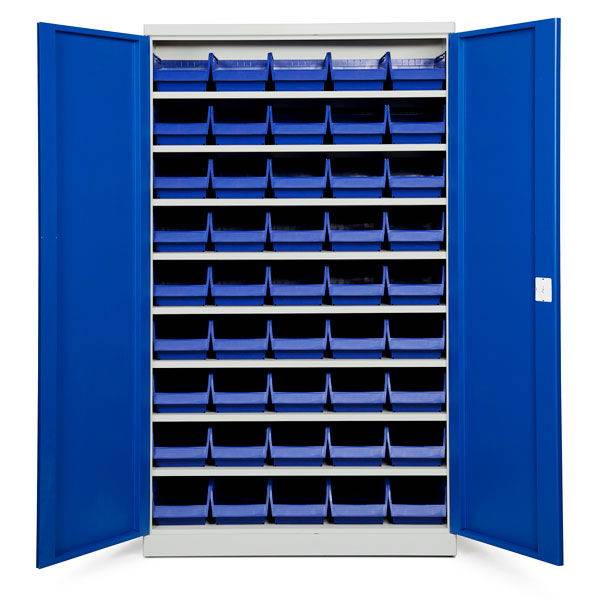 Opbevaringsskab med 45 bl&aring; kasser 1980x1200x470mm, bl&aring; d&oslash;re