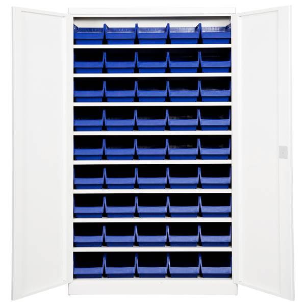 Opbevaringsskab med 45 blå kasser 1980x1200x570mm, lys grå døre