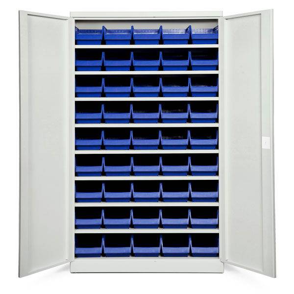 Opbevaringsskab med 45 bl&aring; kasser 1980x1200x570mm, lys gr&aring; d&oslash;re