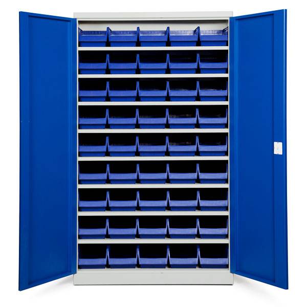 Opbevaringsskab med 45 blå kasser 1980x1200x570mm, blå døre