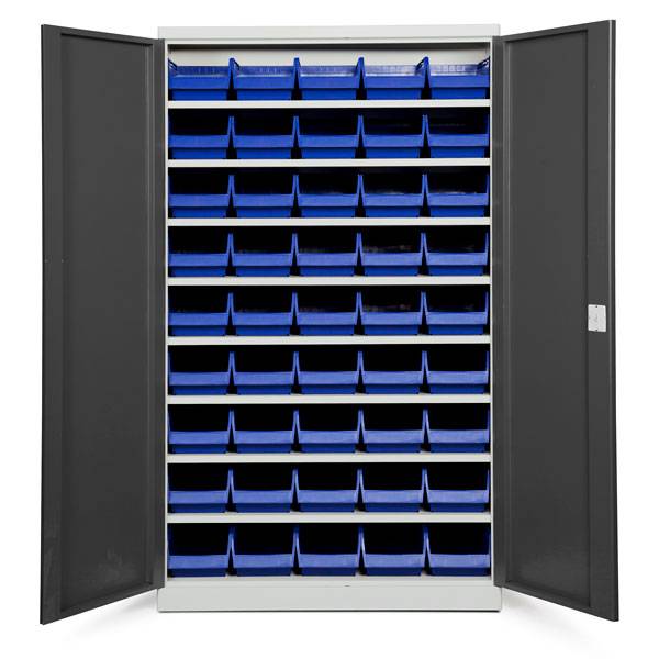 Opbevaringsskab med 45 blå kasser 1980x1200x570mm, antracit døre