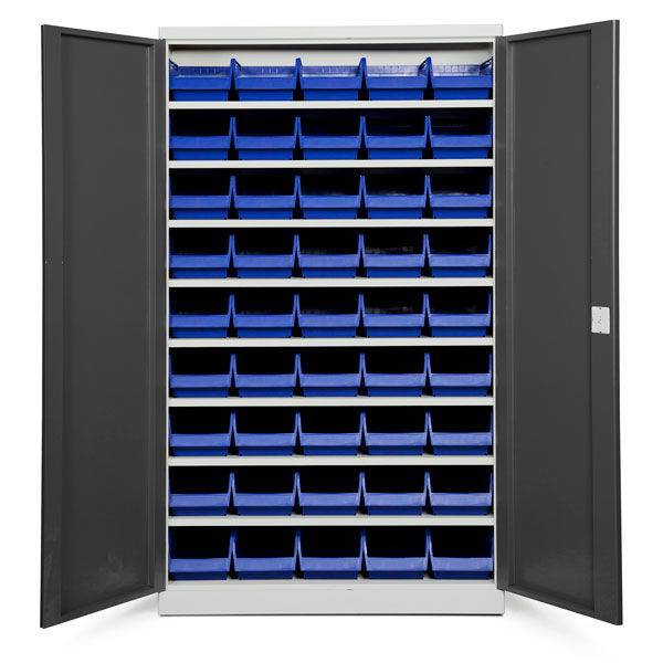 Opbevaringsskab med 45 bl&aring; kasser 1980x1200x570mm, antracit d&oslash;re