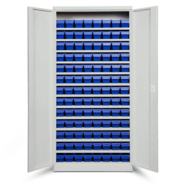 Opbevaringsskab med 104 blå kasser 1980x980x470mm, lys grå døre