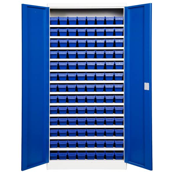 Opbevaringsskab med 104 blå kasser 1980x980x470mm, blå døre