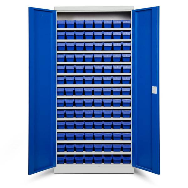 Opbevaringsskab med 104 bl&aring; kasser 1980x980x470mm, bl&aring; d&oslash;re
