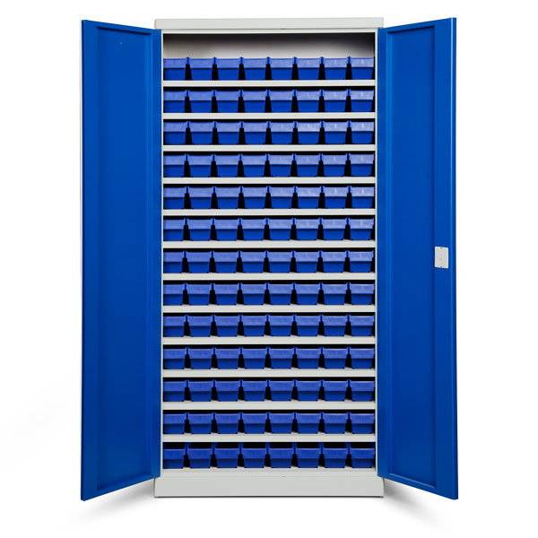 Opbevaringsskab med 104 bl&aring; kasser 1980x980x470mm, bl&aring; d&oslash;re