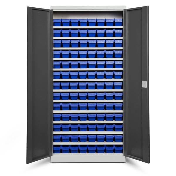 Opbevaringsskab med 104 bl&aring; kasser 1980x980x470mm, antracit d&oslash;re