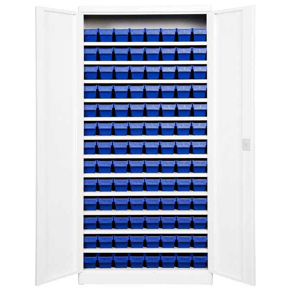 Opbevaringsskab med 104 blå kasser 1980x980x570mm, lys grå døre