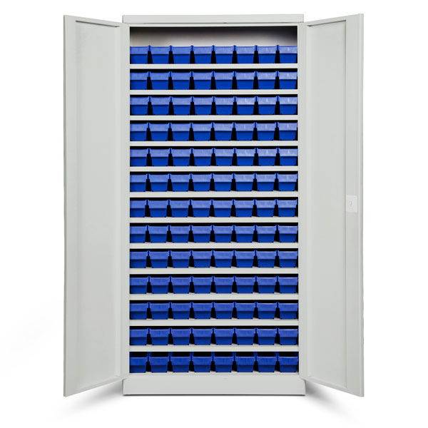 Opbevaringsskab med 104 bl&aring; kasser 1980x980x670mm, lys gr&aring; d&oslash;re