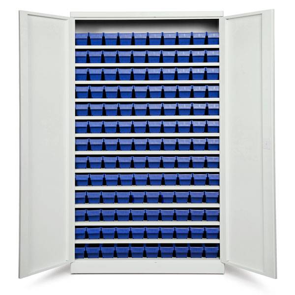 Opbevaringsskab med 130 blå kasser 1980x1200x470mm, lys grå døre