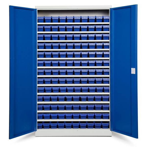 Opbevaringsskab med 130 blå kasser 1980x1200x470mm, blå døre