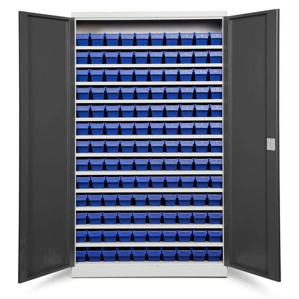 Opbevaringsskab med 130 blå kasser 1980x1200x470mm, antracit døre