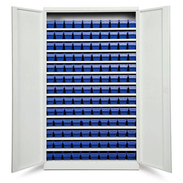 Opbevaringsskab med 130 bl&aring; kasser 1980x1200x570mm, lys gr&aring; d&oslash;re