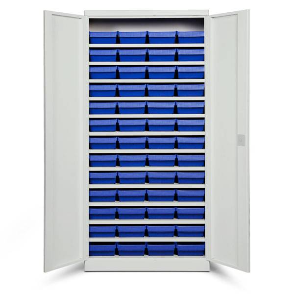 Opbevaringsskab med 52 blå kasser 1980x980x570mm, lys grå døre