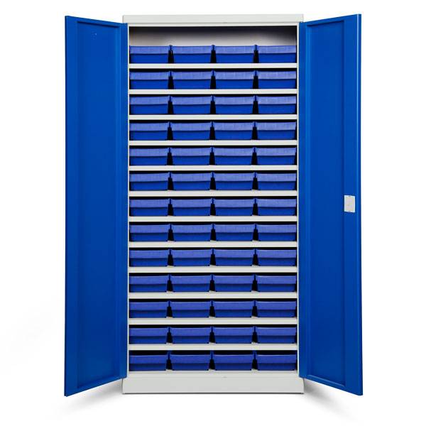 Opbevaringsskab med 52 bl&aring; kasser 1980x980x570mm, bl&aring; d&oslash;re