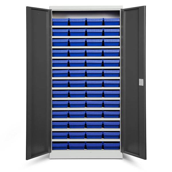 Opbevaringsskab med 52 bl&aring; kasser 1980x980x570mm, antracit d&oslash;re