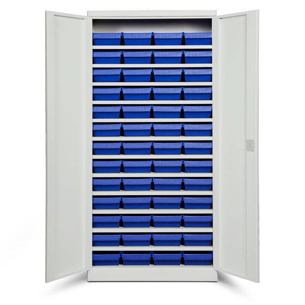 Opbevaringsskab med 52 bl&aring; kasser 1980x980x670mm, lys gr&aring; d&oslash;re