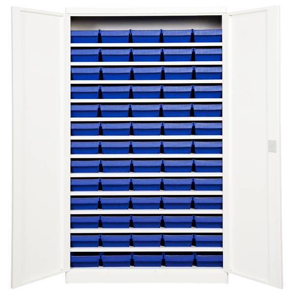 Opbevaringsskab med 65 blå kasser 1980x1200x470mm, lys grå døre