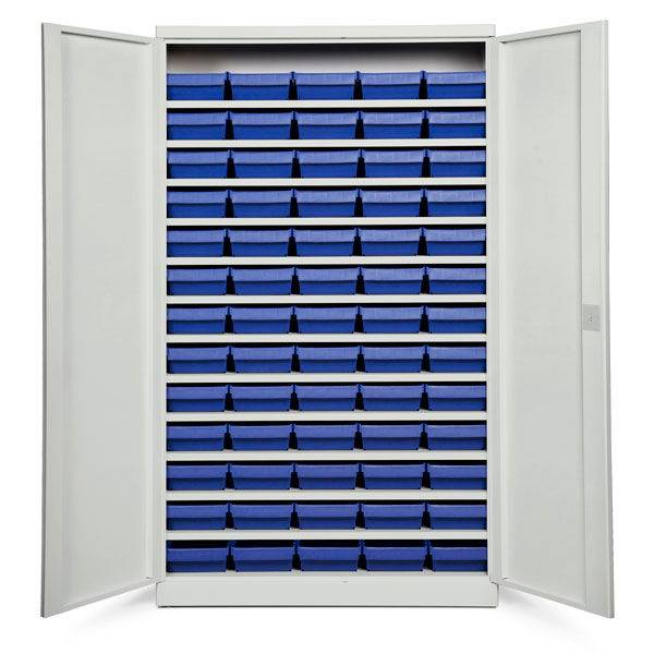 Opbevaringsskab med 65 bl&aring; kasser 1980x1200x570mm, lys gr&aring; d&oslash;re