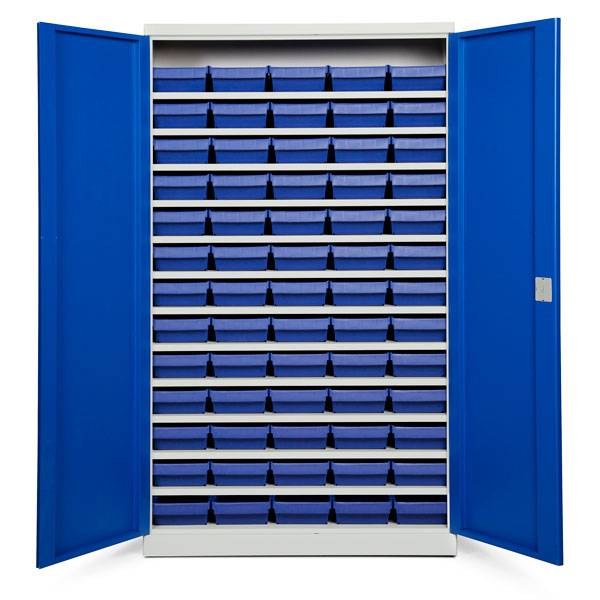 Opbevaringsskab med 65 blå kasser 1980x1200x570mm, blå døre