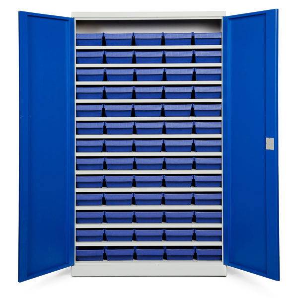 Opbevaringsskab med 65 bl&aring; kasser 1980x1200x570mm, bl&aring; d&oslash;re