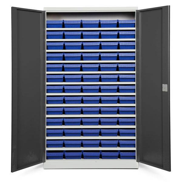 Opbevaringsskab med 65 bl&aring; kasser 1980x1200x570mm, antracit d&oslash;re