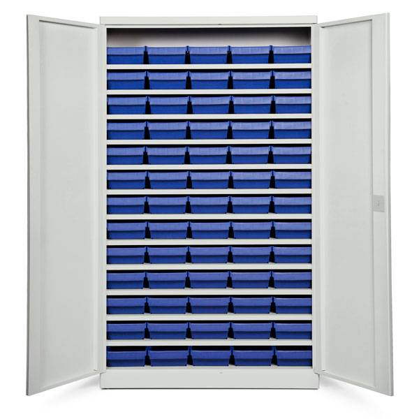 Opbevaringsskab med 65 blå kasser 1980x1200x670mm, lys grå døre