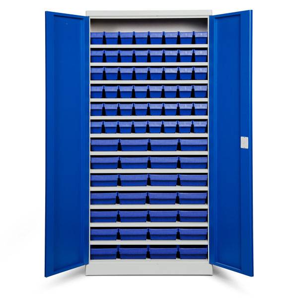 Opbevaringsskab med 76 bl&aring; kasser 1980x980x470mm, bl&aring; d&oslash;re