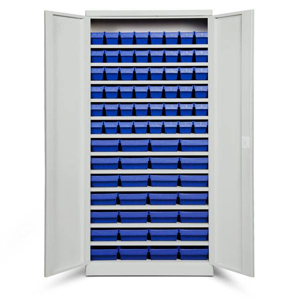 Opbevaringsskab med 76 bl&aring; kasser 1980x980x570mm, lys gr&aring; d&oslash;re