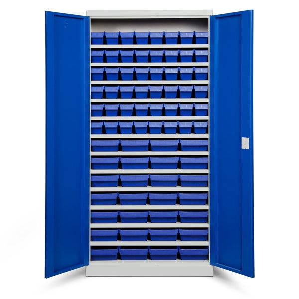 Opbevaringsskab med 76 bl&aring; kasser 1980x980x570mm, bl&aring; d&oslash;re