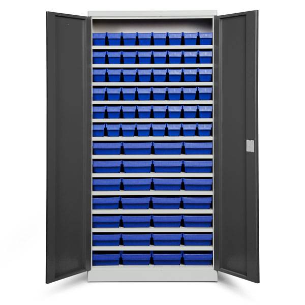 Opbevaringsskab med 76 bl&aring; kasser 1980x980x570mm, antracit d&oslash;re