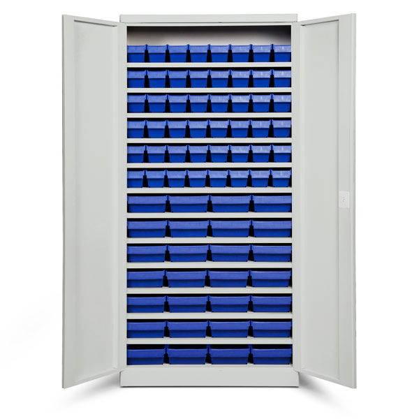 Opbevaringsskab med 76 bl&aring; kasser 1980x980x670mm, lys gr&aring; d&oslash;re