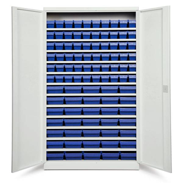 Opbevaringsskab med 95 blå kasser 1980x1200x570mm, lys grå døre