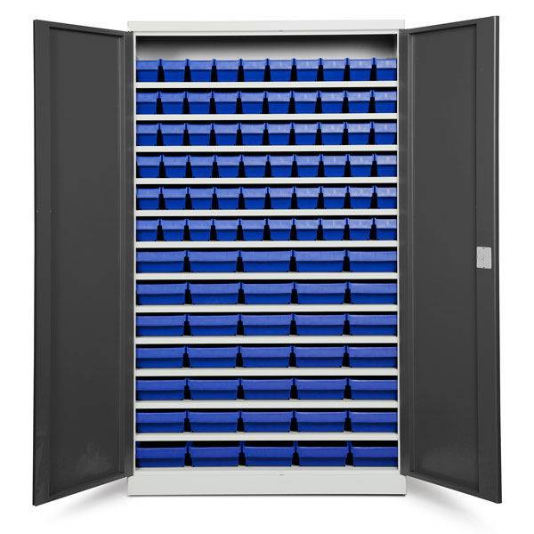 Opbevaringsskab med 95 bl&aring; kasser 1980x1200x570mm, antracit d&oslash;re