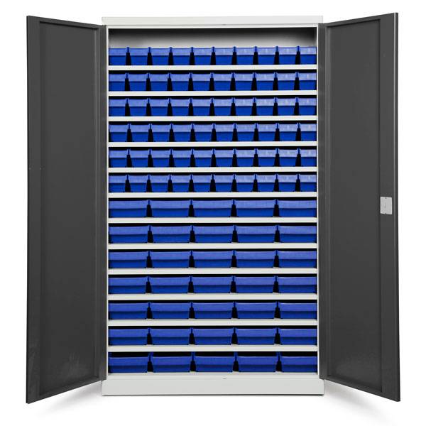 Opbevaringsskab med 95 bl&aring; kasser 1980x1200x570mm, antracit d&oslash;re