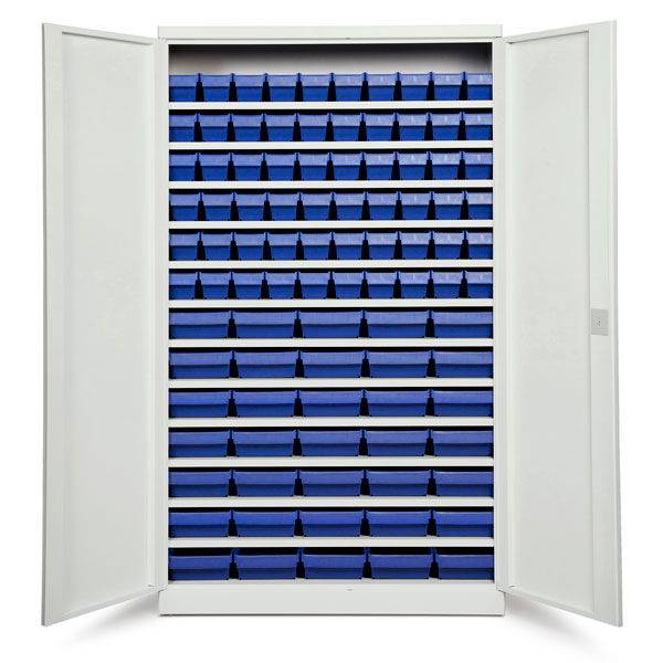 Opbevaringsskab med 95 bl&aring; kasser 1980x1200x670mm, lys gr&aring; d&oslash;re