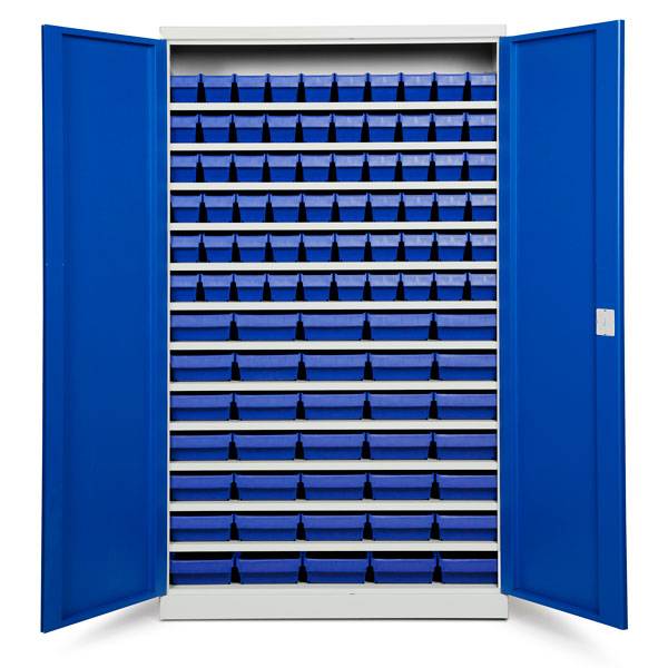 Opbevaringsskab med 95 blå kasser 1980x1200x670mm, blå døre