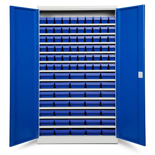 Opbevaringsskab med 95 bl&aring; kasser 1980x1200x670mm, bl&aring; d&oslash;re