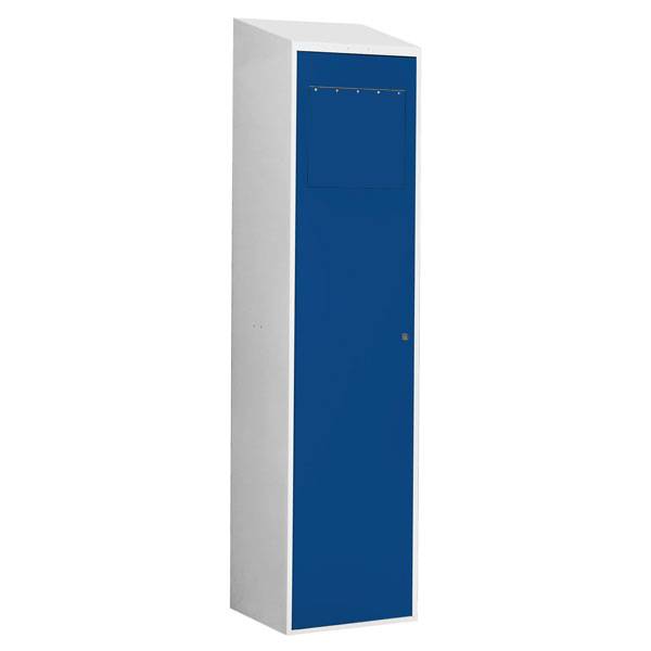 Snavsetøjsskab 190x40x55cm med cylinderlås, skråt tag og blå dør