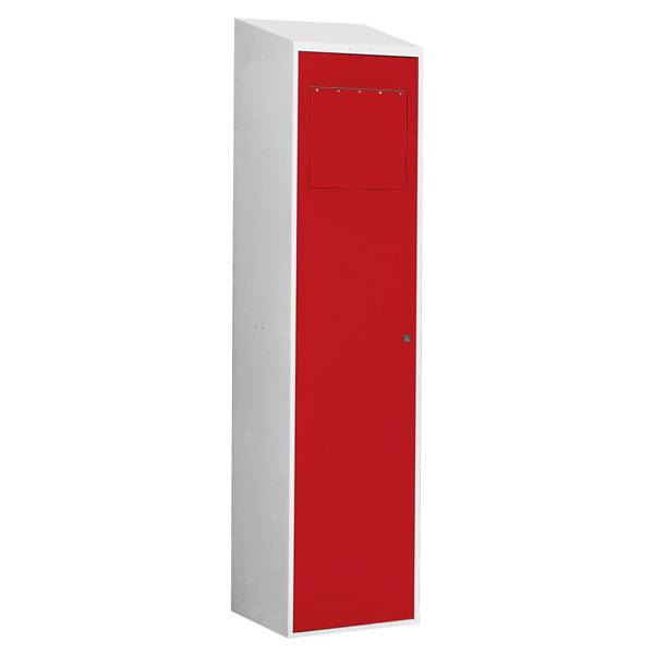 Snavset&oslash;jsskab 190x40x55cm med cylinderl&aring;s, skr&aring;t tag og r&oslash;d d&oslash;r