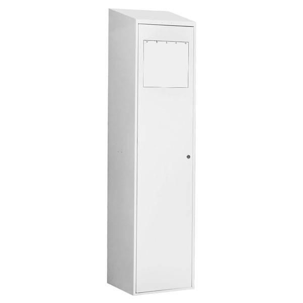 Snavsetøjsskab 190x40x55cm med cylinderlås, skråt tag og lys grå dør