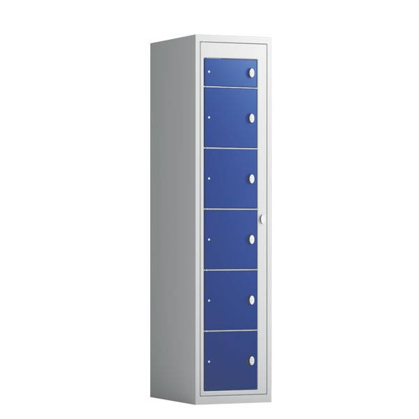 T&oslash;judleveringsskab 1x6 rum med greb til h&aelig;ngel&aring;s, med lige tag og bl&aring; d&oslash;re