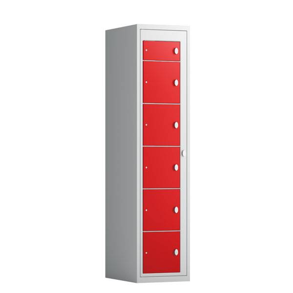 Tøjudleveringsskab 1x6 rum med greb til hængelås, med lige tag og røde døre