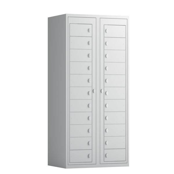 T&oslash;judleveringsskab 2x11 rum med greb til h&aelig;ngel&aring;s, med lige tag og lysegr&aring; d&oslash;re