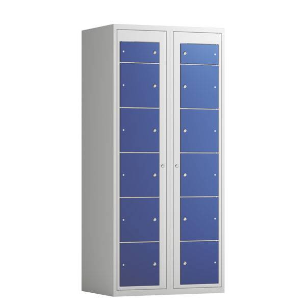 T&oslash;judleveringsskab 2x6 rum med cylinderl&aring;s, med lige tag og bl&aring; d&oslash;re